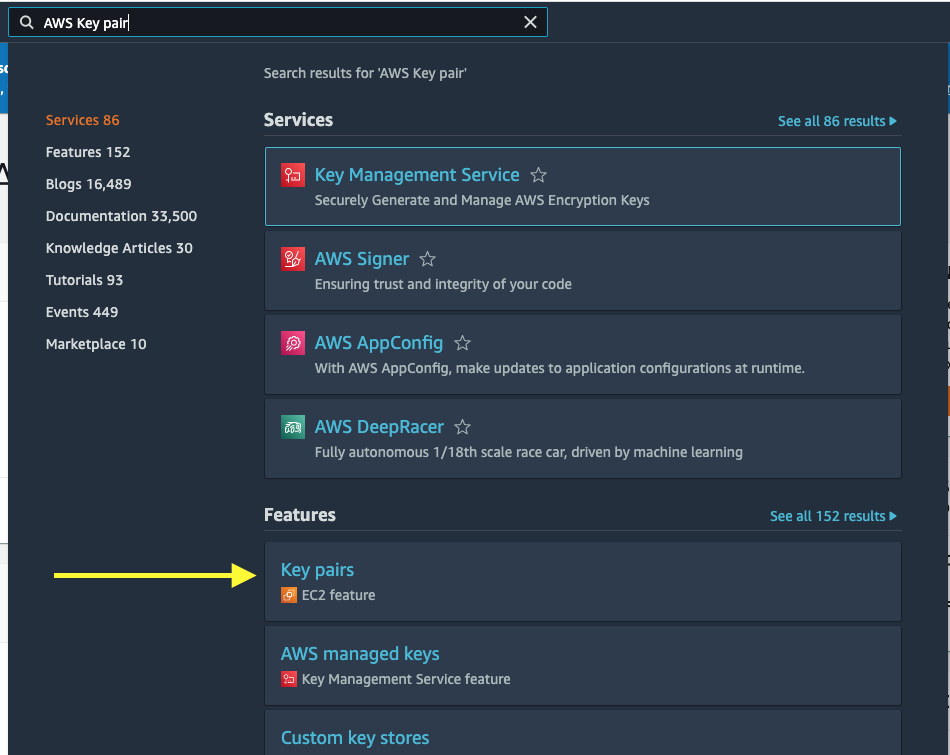 AWS search for key pair